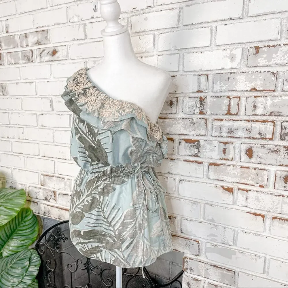 Banana Republic One Shoulder Floral Embroidered Ruffle Cotton Top size Small